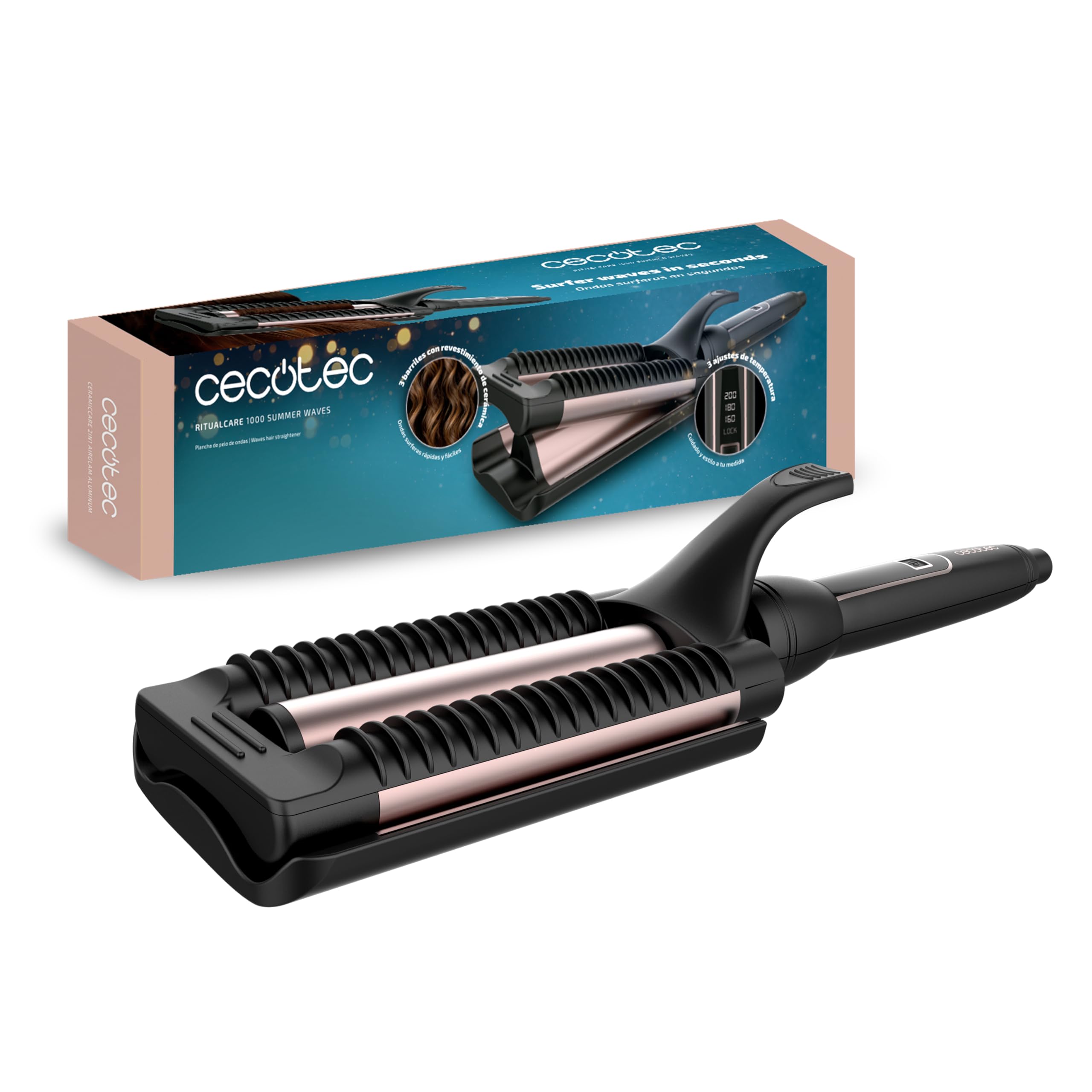 Cecotec Plancha de Pelo de Ondas RitualCare 1000 Summer Waves. 90W, 3 Barriles de 25mm con Revest...