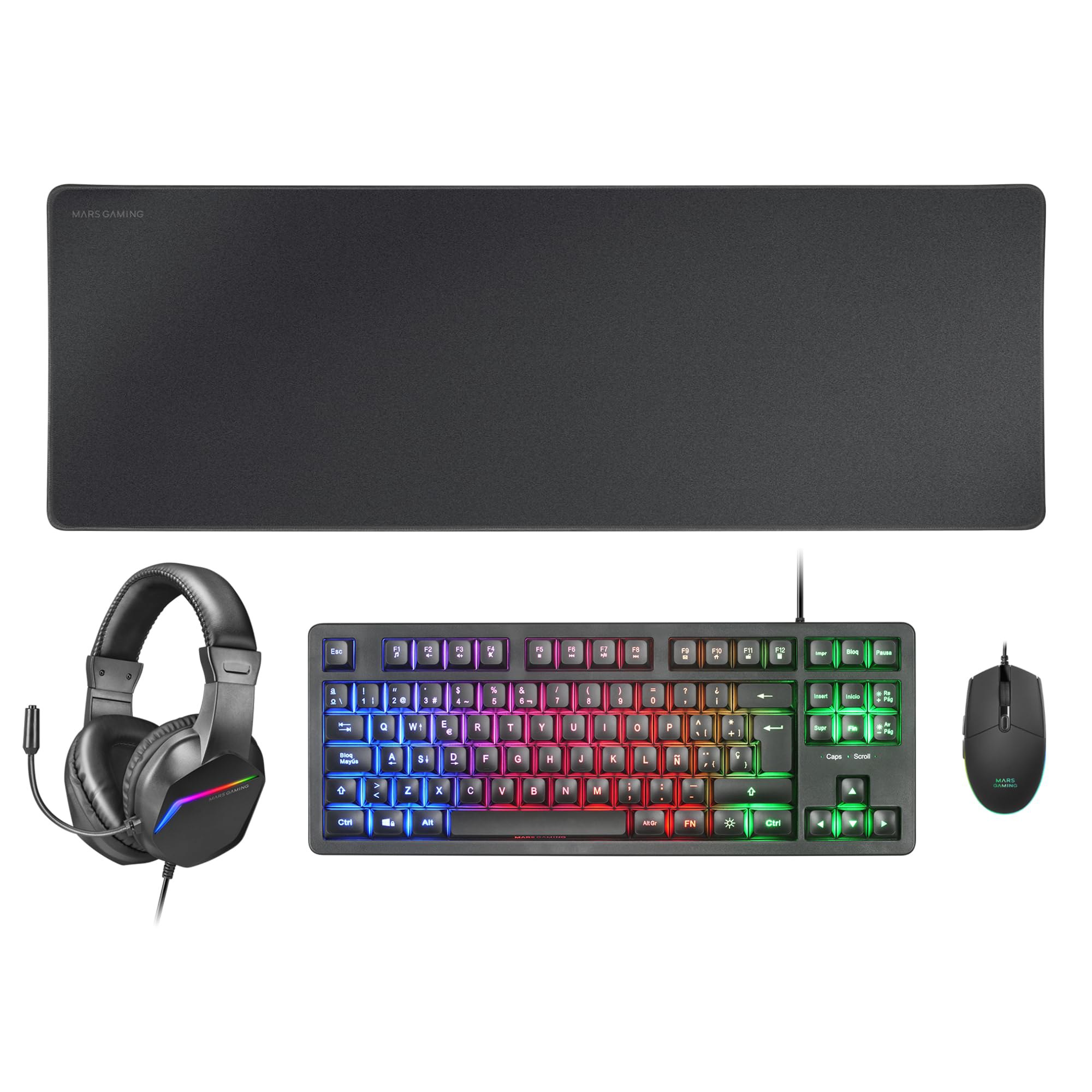 Mars Gaming Mcp-Rgb3, Pack Teclado Fijo Rgb + Ratón Gaming Flow 3200 Dpi + Auriculares RGB + Alf...