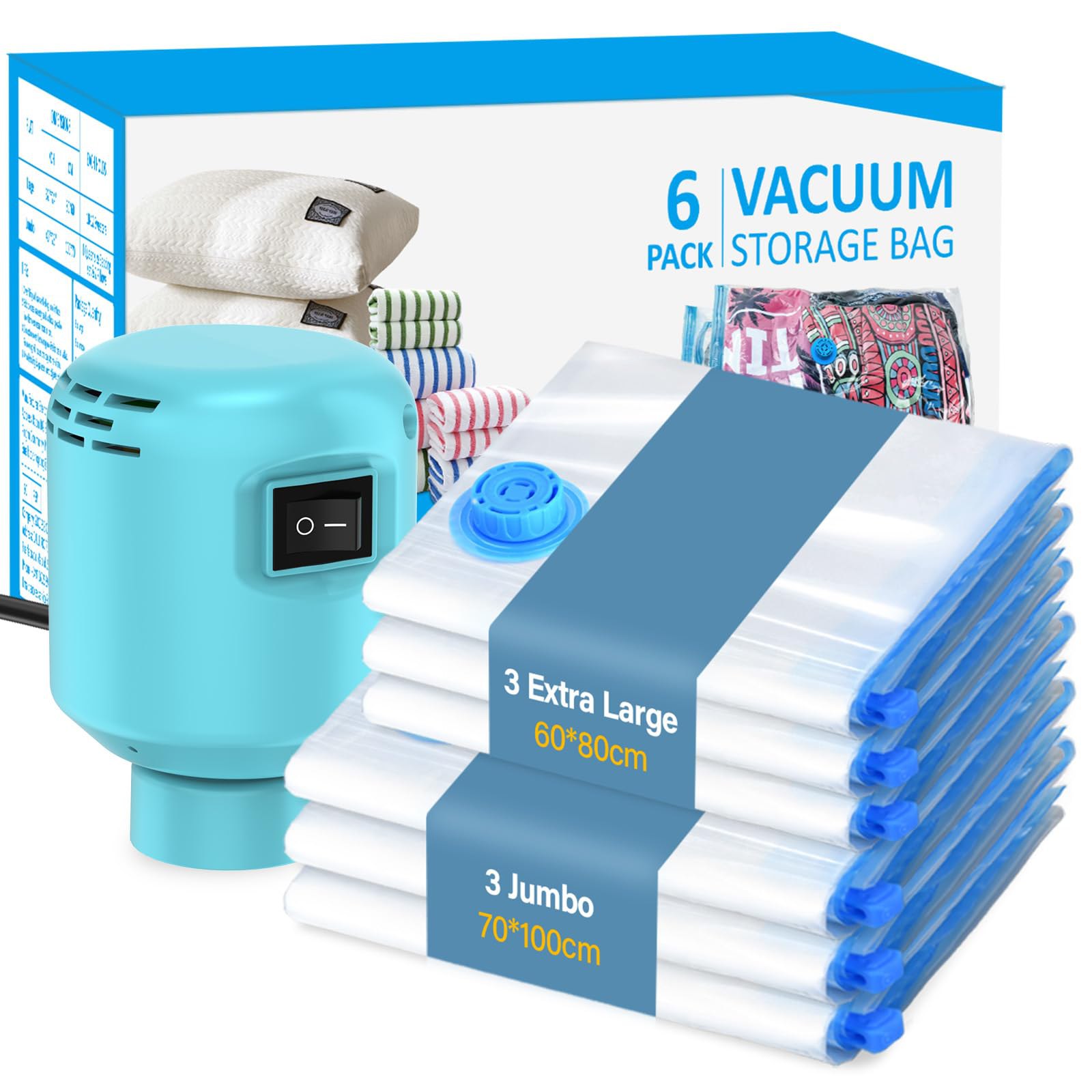 Kissleaf Bolsas de Vacío para Ropa Con Bomba de Aire Eléctrica - Paquete de 6 Con Doble Cremall...