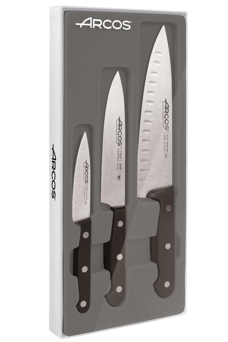 ARCOS Estuche de 3 Cuchillos Básicos de Cocina. Pack de Cuchillos con Hoja de Acero Inoxidable y...