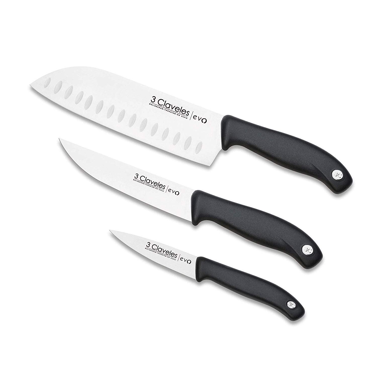 3 Claveles EVO - Set Cuchillos, Verduras 9cm + Cocina 13,5cm + Santoku 18cm, Acero Inoxidable, ma...