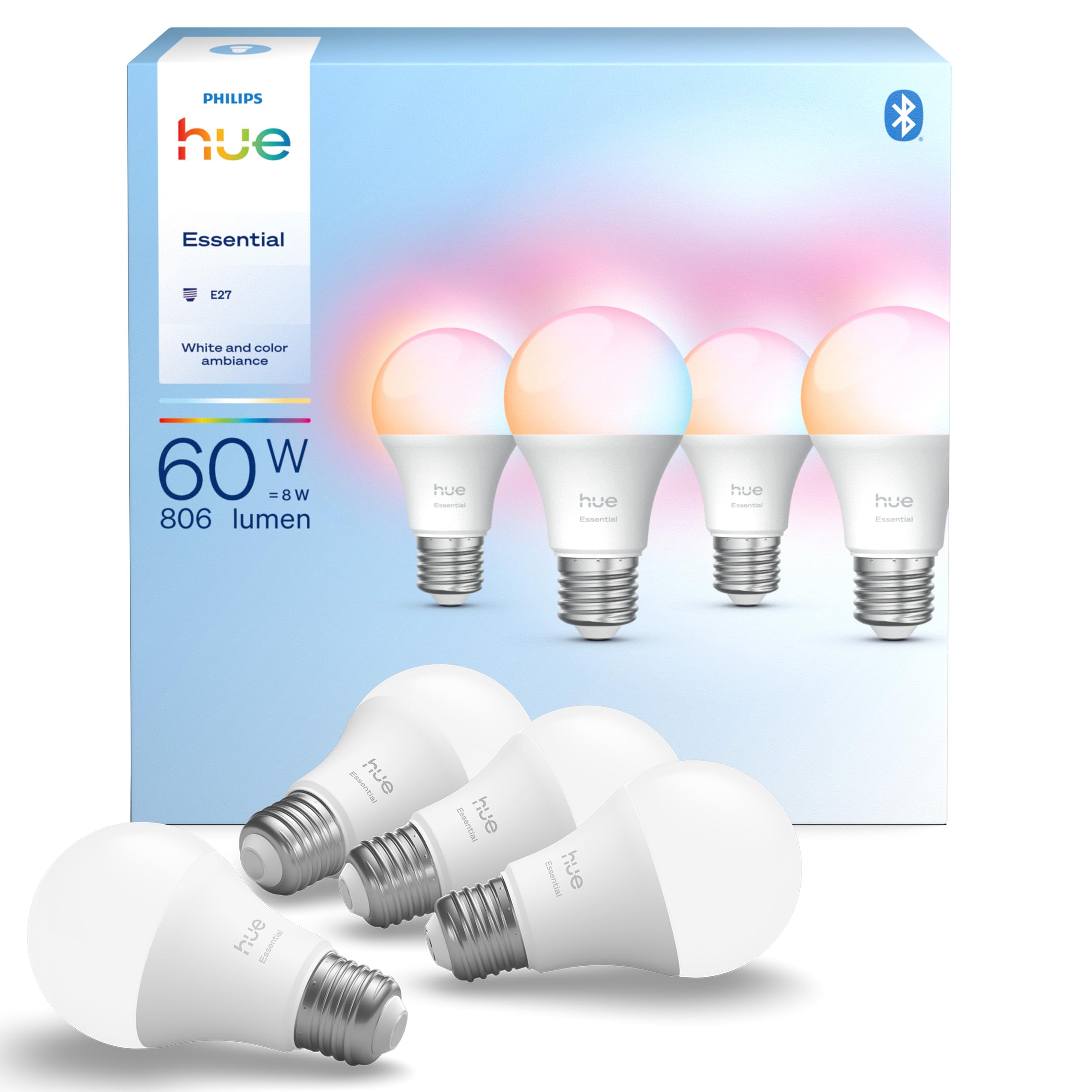 Hue Essential - Pack Bombillas Led inteligentes (4un), E27, Regulable, Luz Blanca y Colores, 8 W,...