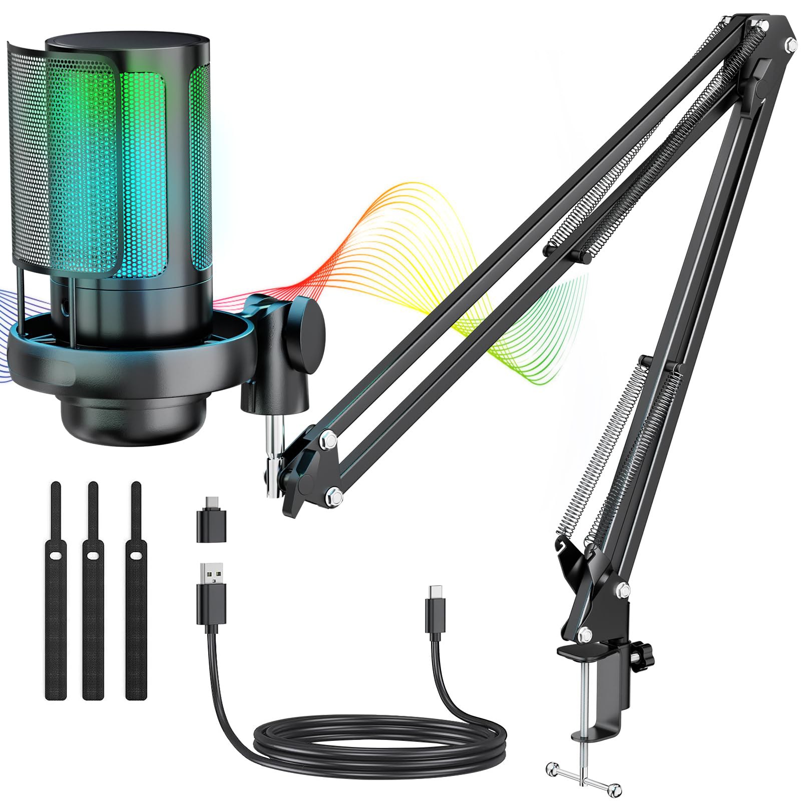 Anykuu Micrófono Condensador PC USB Kit de Microfone Karaoke/Podcast Silencio de una tecla Micro...