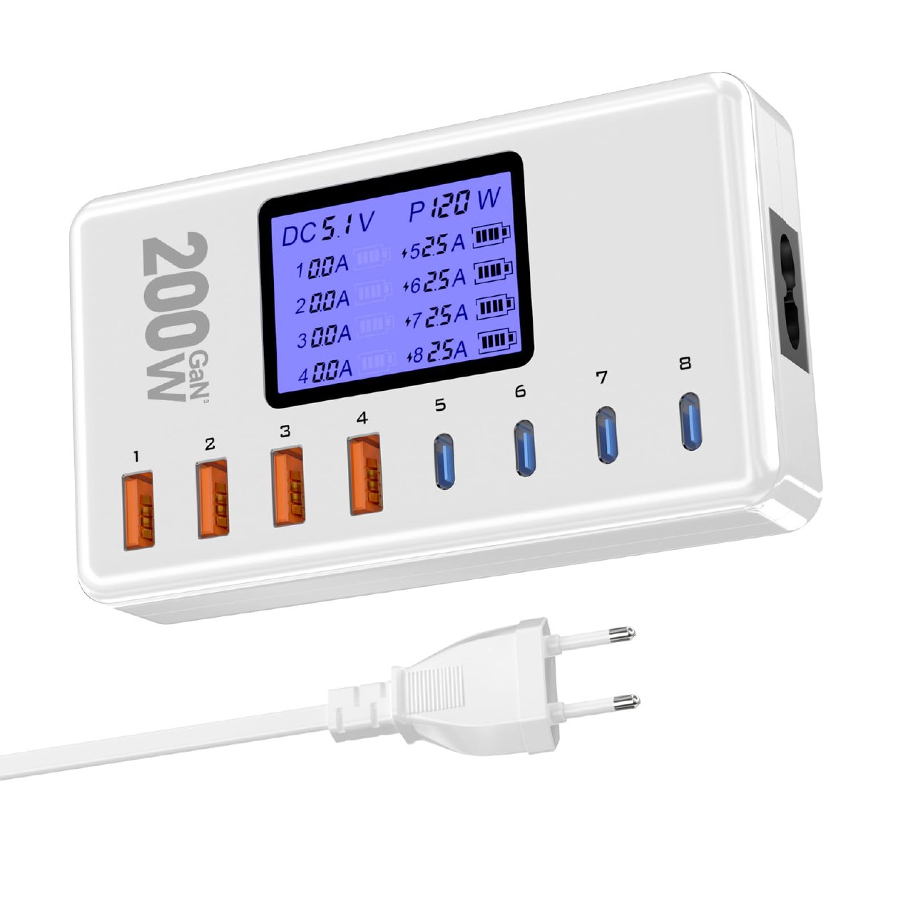 Cargador USB C 200W,Cargador Movil Carga Rapida con 4 Puertos Cargador Tipo C y 4 Puertos de Carg...