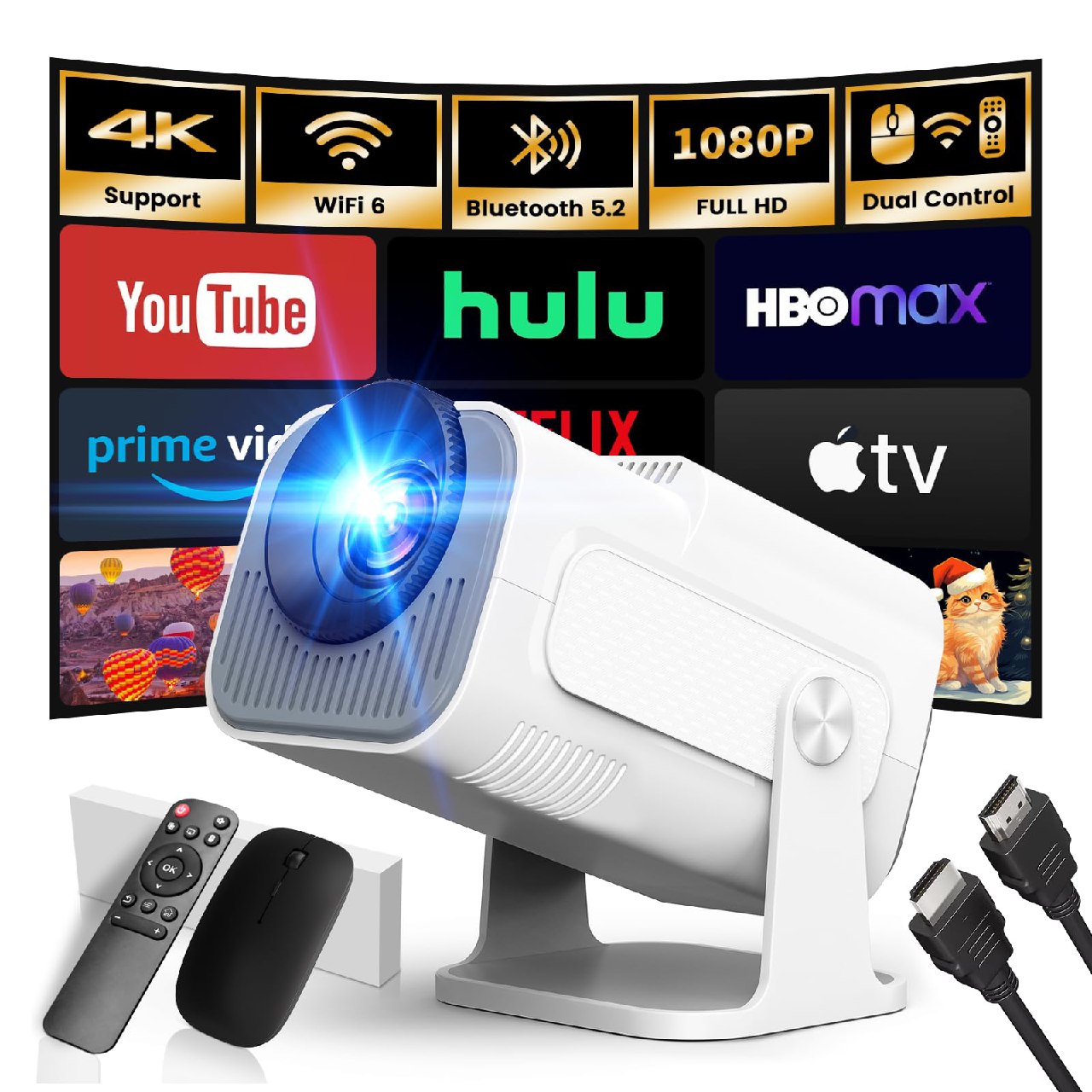 [App Integrada] 2025 Upgraded Proyector Portátil 1920x1080P 4K Supote Videoproyector Dual Contro...