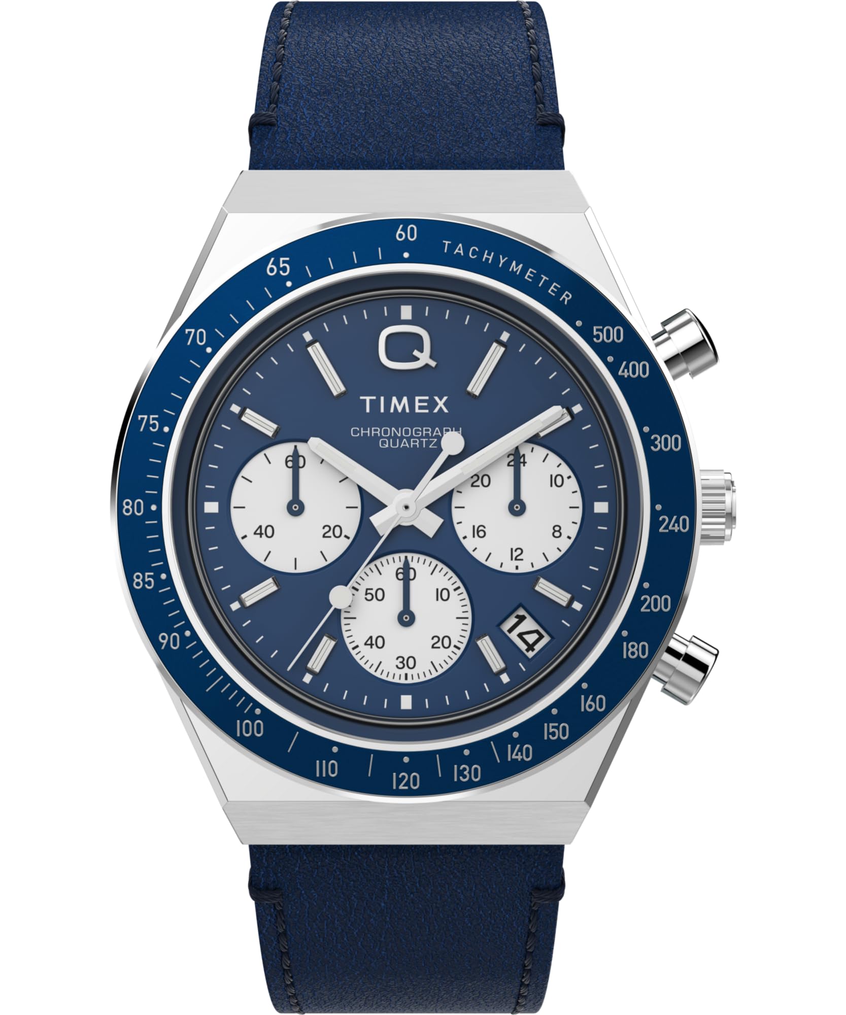 Timex Reloj Q Chronograph - Reloj de 40 mm para Hombre, Cuero Azul, Correa de liberación rápida...