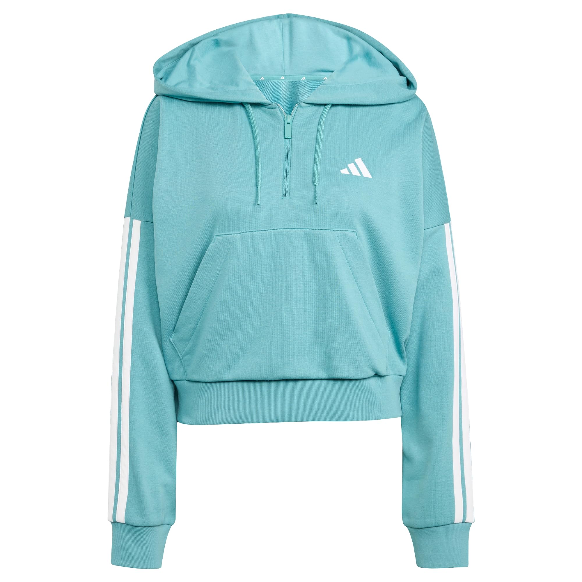 adidas Mujer Essentials 3-Stripes French Terry Quarter-Zip Hoodie, Powder Teal/White, M‍