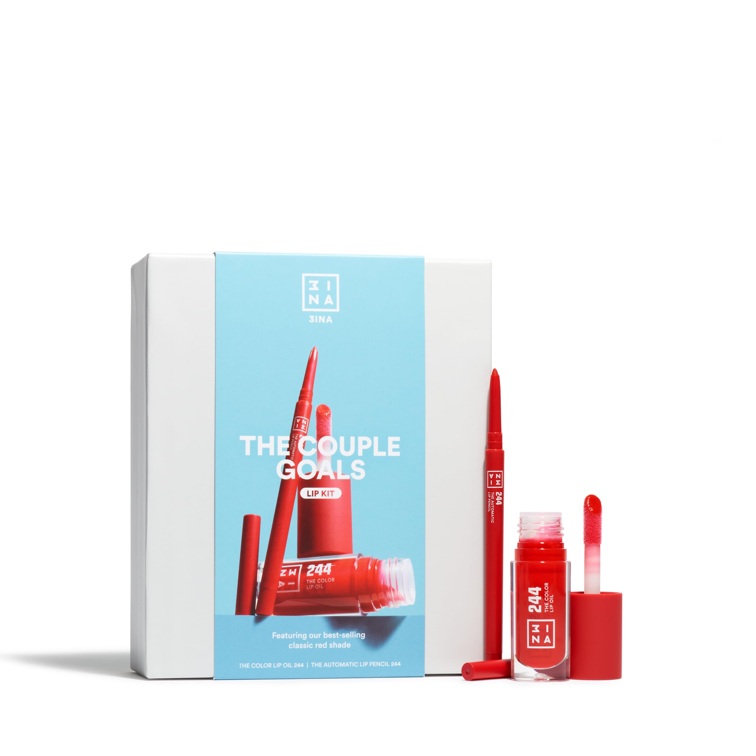 3INA MAKEUP - The Couple Goals Lip Kit - Rojo - Color Lip Oil 244 + Automatic Lip Pencil 244 - Ac...