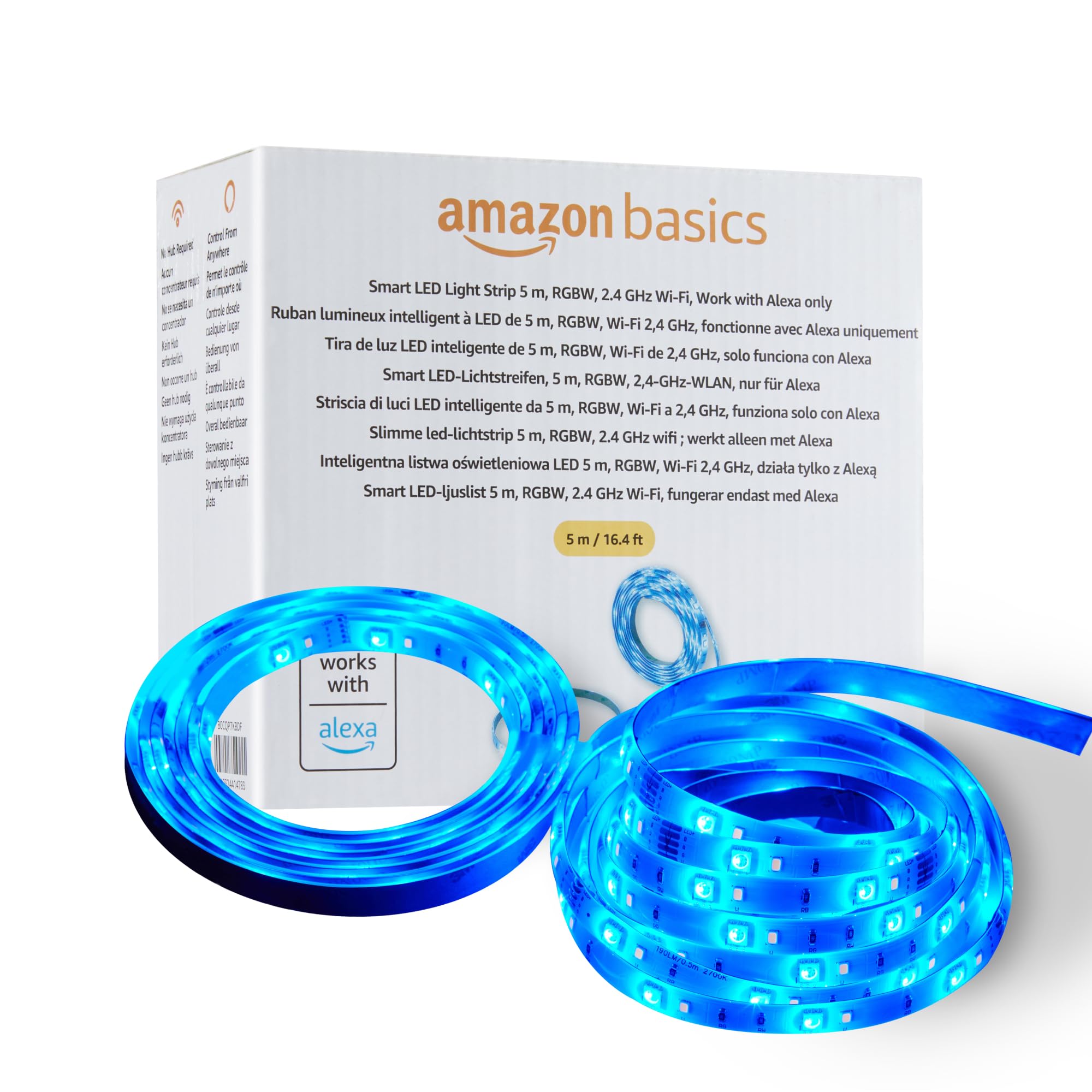 Amazon Basics Tira de luz LED inteligente de 5 m, RGBW, funciona solo con Alexa, Multicolor‍