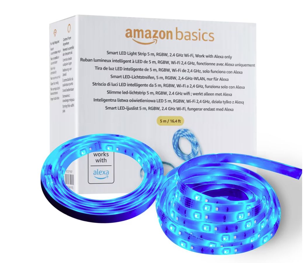 Amazon Basics Tira de luz LED Inteligente de 5 m, RGBW, Compatible con Alexa